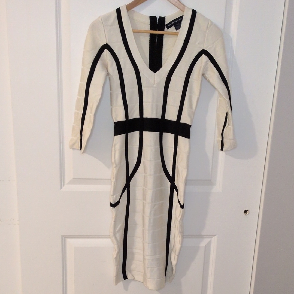 French Connection Black and Cream Long Sleeve Bandage Dress